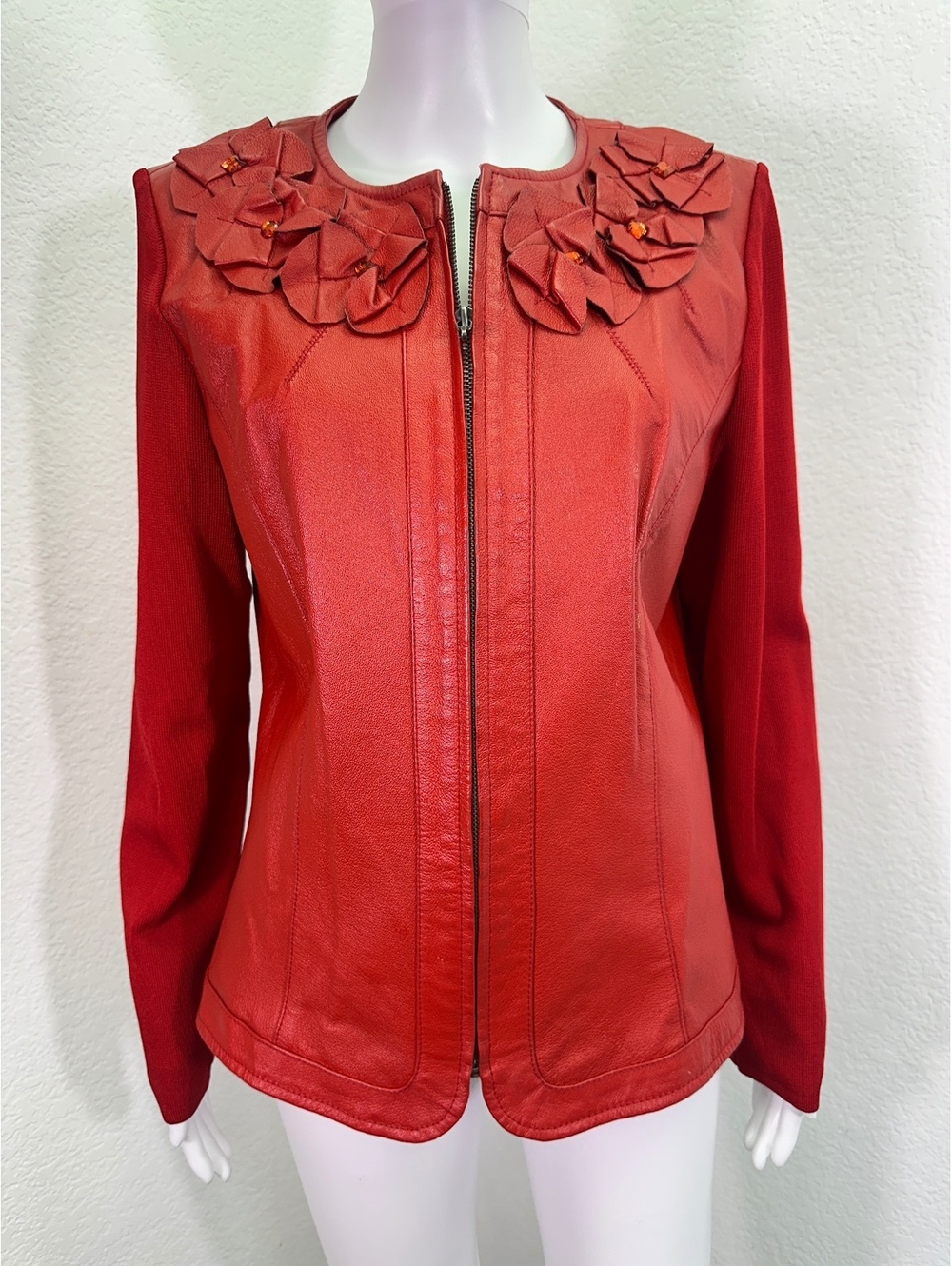 Women’s Sz L Peter Nygard Red Leather & Knit Full Zip Jacket Mob Wife